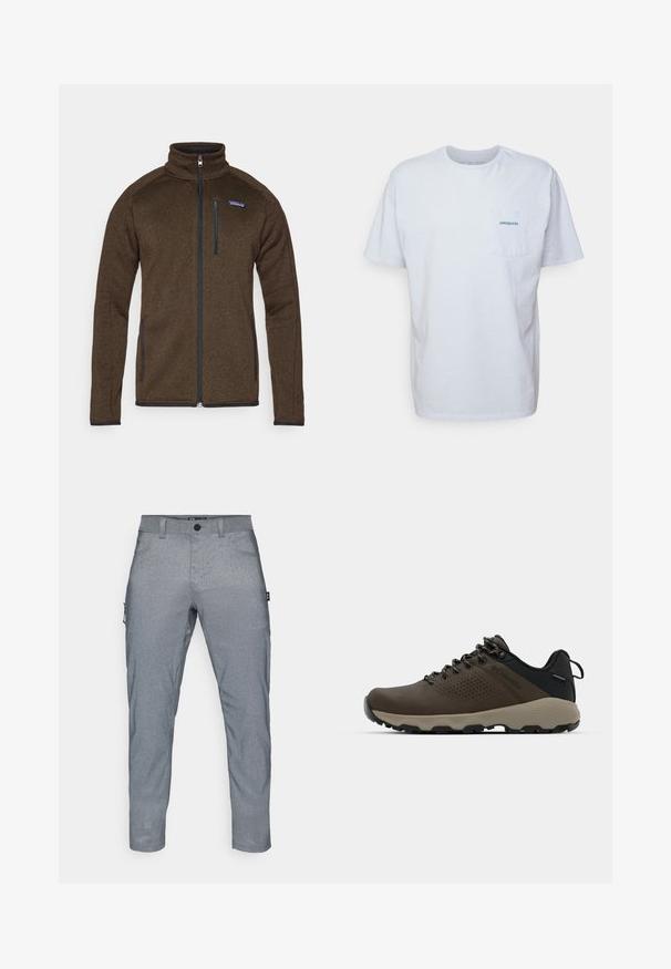 Ruda flisinė striukė su aukštu kaklu, pilnu užtrauktuku priekyje ir dviem šoninėmis kišenėmis. Ant viršutinio kairiojo krūtinės kampo yra mažas mėlynas "Patagonia" logotipas.; Balta medvilninė marškinėliai su trumpomis rankovėmis, apvaliu kaklu ir kairėje krūtinės pusėje esančia kišenėle, turinčia mėlyną "Patagonia" logotipą. Klasikinis siluetas su lygiu paviršiumi.; Pilkos tekstūruotos medvilnės kelnių su tiesiu sėdėjimu, su priekiniu mygtuko užsegimu, šoninėmis kišenėmis ir papildoma cargo kišene kairėje koja.; Rudi nepralaidūs sportbačiai su tekstūruota viršutine dalimi, perforuotomis detalėmis, juodu kulno palaikymu ir pilku guminio padu. Šniūreliai yra dekoruoti metaliniais galais.