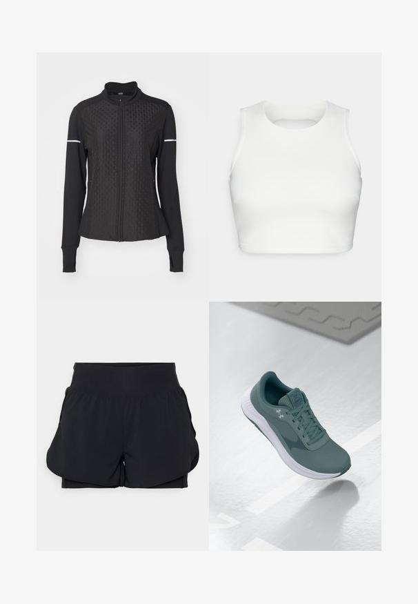 ONLY Play ONPTRACK WARM - Sweater met rits - black; Witte mouwloze crop top van gladde stof, met een ronde halslijn en een open rugontwerp, voorzien van nette stiksels langs de randen.; Zwarte sportshorts met een gelaagd ontwerp, brede tailleband en binnenvoering. Gemaakt van soepel, rekbaar materiaal.; Donkerblauwe Under Armour hardloopschoen met witte zool, afgebeeld zwevend boven een reflecterend oppervlak met strikgeknoopte veters.