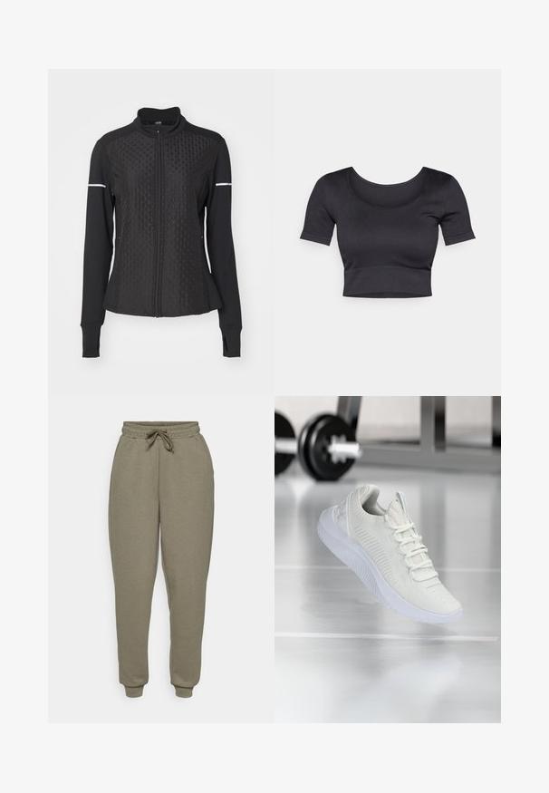 ONLY Play ONPTRACK WARM - Majica s kapuljačom i patentnim zatvaračem - black; Crna rebrasta kratka majica s kratkim rukavima, širokim okruglim izrezom i pripijenim pojasom na dnu. Mekana tekstura, ležeran dizajn.; ONLY Play ONPLOUNGE LIFE REG NOOS - Donji dijelovi trenirke - kalamata; Bijela atletska teniska obuća s teksturiranim mrežastim gornjim dijelom i sustavom vezanja, koja ima podstavljeni bijeli potplat i suptilne rebraste naglaske.