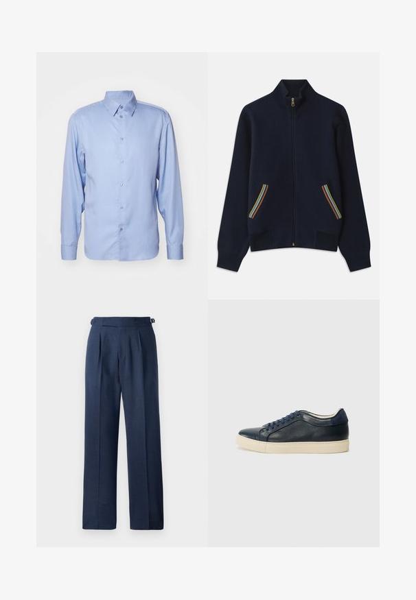 Marineblauwe ritssport met hoge kraag, voorzien van twee zakken versierd met regenboogstrepen en een gouden rits. Zachte textuur, ontspannen pasvorm.; Lichtblauw overhemd met lange mouwen van een gladde stof, voorzien van een klassieke kraag, een knopenlijst en een getailleerde pasvorm met knoopmanchetten.; Donkerblauwe op maat gemaakte broek, gemaakt van gestructureerde stof, met een hoge taille, plooien en verstelbare zijbanden voor een goede pasvorm.; Marineblauwe leren sneaker met een crèmekleurige rubbersole, voorzien van blauwe veters en een gladde textuur. Ronde neus en minimalistisch ontwerp.