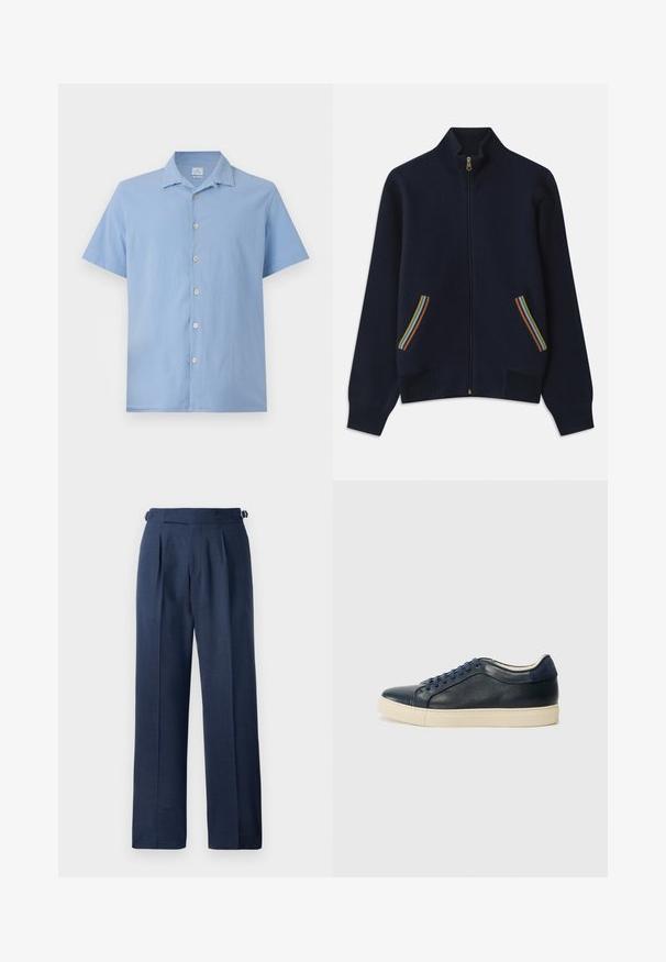 Tamsiai mėlynas zip-up megztinis su aukštu apykakle, turintis dvi kišenes, dekoruotas vaivorykštės spalvų juostomis ir auksiniu užtrauktuku. Minkšta tekstūra, atsipalaidavęs siluetas.; Šviesiai mėlynas trumpomis rankovėmis marškinėliai su tekstūruota medžiaga, smailiomis apykaklėmis ir keturiomis saga, einančiomis per priekį. Priderinta forma.; Tamsiai mėlynos pritaikytos kelnės, pagamintos iš tekstūruoto audinio, su aukštu liemeniu, klostėmis ir reguliuojamomis šoninėmis dirželis, užtikrinančiais patogumą.; Tamsiai mėlynos odinės sportbačiai su kreminiu guminiu padu, turintys mėlynas raišteles ir lygų paviršių. Suapvalintas pirštas ir minimalistinis dizainas.