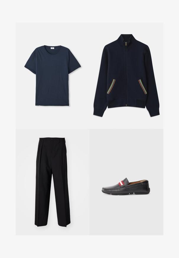 Tumši zils zip-up džemperis ar augstu apkakli, kas aprīkots ar divām kabatām, kas rotātas ar varavīksnes svītrām un zelta rāvējslēdzēju. Mīksta tekstūra, brīvs piegriezums.; Tumši zils īsajām piedurknēm kreklu ar apaļu kakla izgriezumu, uz baltas fona atrodas neliela balta etiķete iekšpusē apkaklītē.; Melnas plisētās bikses ar taisnu, plata kāja dizainu. Izgatavotas no gludas auduma, ar pogu aizdari un jostas cilpiņām.; Melnas ādas slip-on kurpes ar teksturētu virsmu, sarkaniem un baltajiem svītrainajiem akcentiem augšdaļā, noapaļots pirksts un gumijas zole.