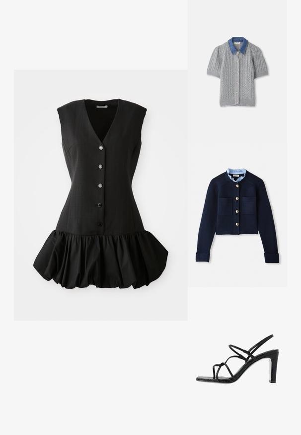 Jūras spēku stilā īss kardigāns ar divām priekšējām kabatām, zelta pogām un gaiši zilu kraukšķīgu apkakli. Izgatavots no ribotas tekstūras materiāla.; Melna bez piedurknēm tērps ar dziļu V-veida kakla izgriezumu, pogām priekšpusē un ruflētām apakšmalām. Izgatavots no gludas auduma ar strukturētu bodīti un maigu tekstūru.; Pelēks adīts īsām piedurknēm kardigans ar stīgas rakstu, ar džinsa apkakli un pieciem zelta pogām priekšpusē.; Melnas papēžu siksniņas ar plānām siksnām, teksturētu apdari, atvērtu purngalu un elegantu, smailu papēdi. Iezīmē gludu iekšējo daļu un spīguļojošu virsmu.