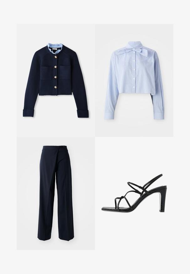 Jūrų mėlynos spalvos trumpas kardiganas su dviem priekinėmis kišenėmis, auksiniais mygtukais ir šviesiai mėlynu volaniniu apykakle. Pagamintas iš raukšlėtos tekstūros medžiagos.; Šviesiai mėlyna ir balta mažų languotų modelių trumpa palaidinė su ilgomis rankovėmis, mygtukų užsegimu, aukštu apykakle ir didžia detalė - kaspinė.; Jūros laivyno pločio kelnes su apvyniojimo dizainu, lygiu audiniu, aukštu liemeniu ir vienu mygtuko uždarymu priekyje.; Juodi aukšti sandalai su plonomis dirželėmis, tekstūruotu paviršiumi, atvira kojų pirštų dalimi ir elegantišku, smailiu kulnu. Yra lygus įdėklas ir blizgus paviršius.
