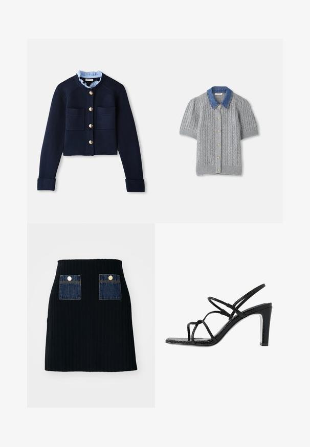 Cárdigan corto azul marino con dos bolsillos frontales, botones dorados y un cuello con volantes en azul claro. Fabricado en material de textura acanalada.; Cárdigan gris de punto y manga corta con un patrón de trenzas, que presenta un cuello de mezclilla y cinco botones dorados en la parte delantera.; Minifalda negra acanalada con cintura ajustada, que presenta dos bolsillos de parche de denim azul en la parte delantera con acentos de botones plateados.; Sandalias de tacón negro con cintas finas, un acabado texturizado, punta abierta y un diseño de tacón afilado y elegante. Presenta una plantilla suave y una superficie brillante.