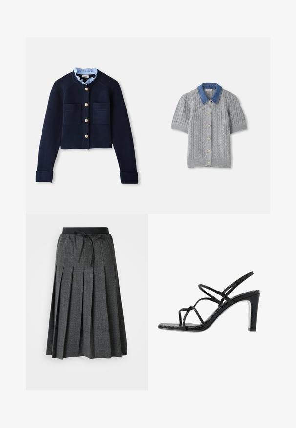 Cardigan croppato blu navy con due tasche frontali, bottoni dorati e colletto arricciato azzurro chiaro. Realizzato in materiale a coste.; Cardigan corto grigio a maniche corte lavorato a maglia con motivo a treccia, dotato di un colletto in denim e cinque bottoni dorati sul davanti.; Gonna grigia a pieghe con un motivo a quadri testurizzato, dotata di una cintura elastica nera e di un dettaglio decorativo a fiocco sul davanti.; Sandali neri con tacco alto, dotati di sottili cinturini, finitura testurizzata, punta aperta e un design elegante con tacco affusolato. Presentano una soletta morbida e una superficie lucida.
