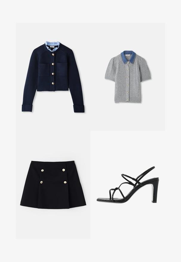 Marineblå cropped cardigan med to forlommer, guldfarvede knapper og en lyseblå flæsekrave. Fremstillet af ribbestrikket materiale.; Grå strikket kortærmet cardigan med et kabelmønster, som har en denimkrave og fem guldknapper foran.; Sort mini nederdel lavet af fleksibelt stof, med to guldknapper foran, plisseret design og lige kant.; Sorte hælede sandaler med tynde stropper, en tekstureret overflade, åben tå og et slankt, spidst hældesign. Har en glat indersål og en skinnende overflade.