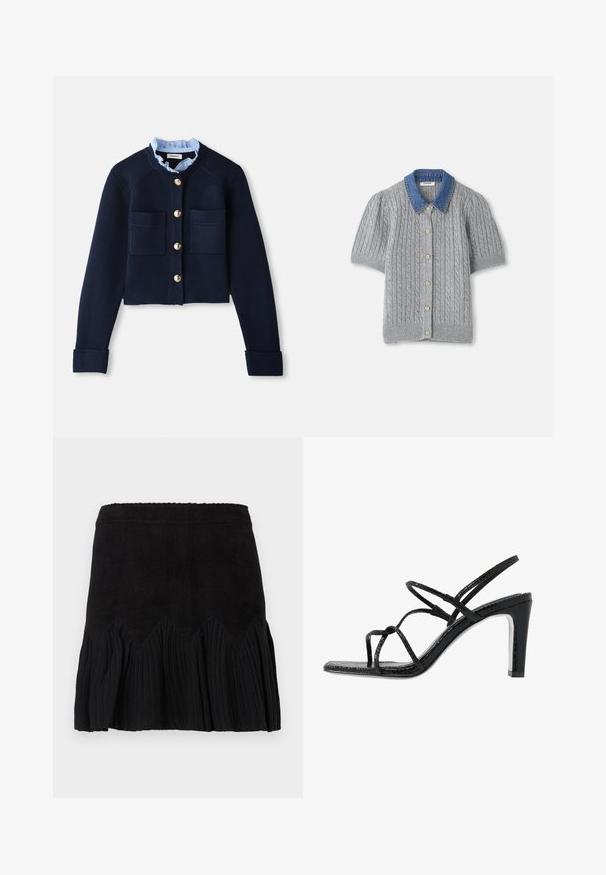 Cardigan scurt de culoare bleumarin, cu două buzunare frontale, nasturi aurii și o guler cu volane de culoare albastră deschisă. Fabricat dintr-un material cu textură ribbed.; Cardigan tricotat gri, cu mânecă scurtă și model în cabluri, având un guler din denim și cinci nasturi aurii în față.; Fustă neagră cu un design texturat, din dungi, și un tiv ondulat. Materialul are o finisare moale, iar banda de talie este netedă pentru confort.; Sandale negre cu toc, cu barete subțiri, finisaj texturat, vârful deschis și un design elegant al tocului ascuțit. Au o talpă interioară netedă și o suprafață strălucitoare.
