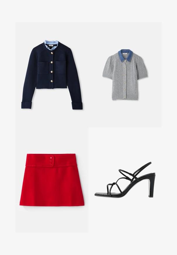Cardigan scurt de culoare bleumarin, cu două buzunare frontale, nasturi aurii și o guler cu volane de culoare albastră deschisă. Fabricat dintr-un material cu textură ribbed.; Cardigan tricotat gri, cu mânecă scurtă și model în cabluri, având un guler din denim și cinci nasturi aurii în față.; Fustă roșie în formă de A, realizată dintr-un material neted, cu un tiv lat ce prezintă trei butoane roz și un margine inferioară tivită.; Sandale negre cu toc, cu barete subțiri, finisaj texturat, vârful deschis și un design elegant al tocului ascuțit. Au o talpă interioară netedă și o suprafață strălucitoare.