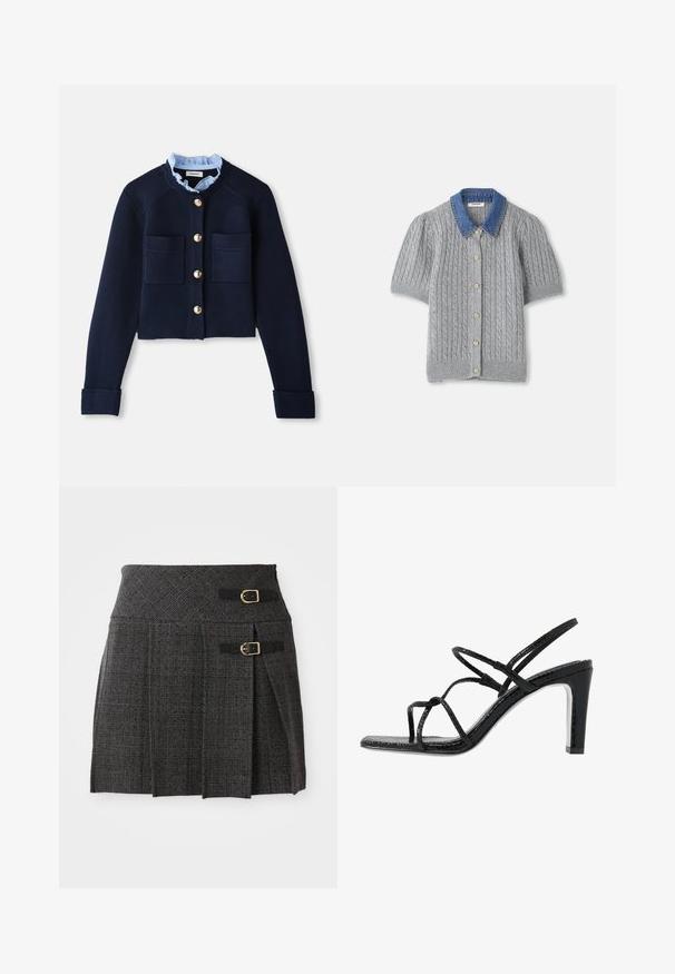 Marinefarbener, kurz geschnittener Cardigan mit zwei Fronttaschen, goldenen Knöpfen und einem hellblauen Rüschensaum. Aus geripptem Material gefertigt.; Graue gestrickte Kurzarm-Cardigan mit einem Zopfmuster, ausgestattet mit einem Denim-Kragen und fünf goldenen Knöpfen auf der Vorderseite.; Grauer Karorock mit tailliertem Bund, versehen mit doppelten Schnallenakzenten und Falten. Hergestellt aus strukturiertem Stoff mit gewebtem Design.; Schwarze Absatzsandalen mit dünnen Riemen, strukturiertem Finish, offener Zehenpartie und einem eleganten, spitzen Absatzdesign. Verfügt über eine glatte Innensohle und eine glänzende Oberfläche.