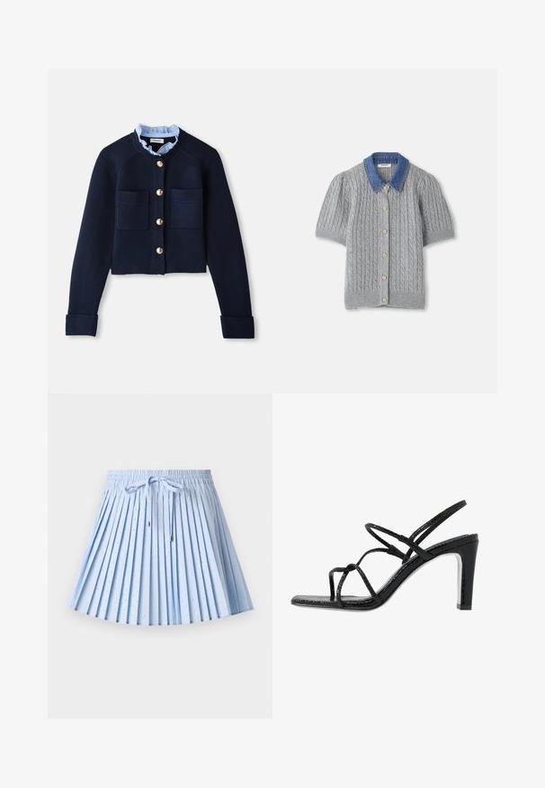 Navy cropped cardigan dengan dua kantong depan, kancing emas, dan kerah berkelah light blue. Terbuat dari bahan tekstur ribbed.; Harmaa neulottu lyhythihainen kardigan, jossa on kaapelikuvio, denimikaulus ja viisi kultanappia edessä.; sandro Vekkihame - bleu ciel; Mustat korkokengät avonaisilla varpailla, ohuilla remmeillä, teksturoidulla pinnalla ja tyylikkäällä, teräväkärkisellä korolla. Sisältää sileän sisäpohjan ja kiiltävän pinnan.