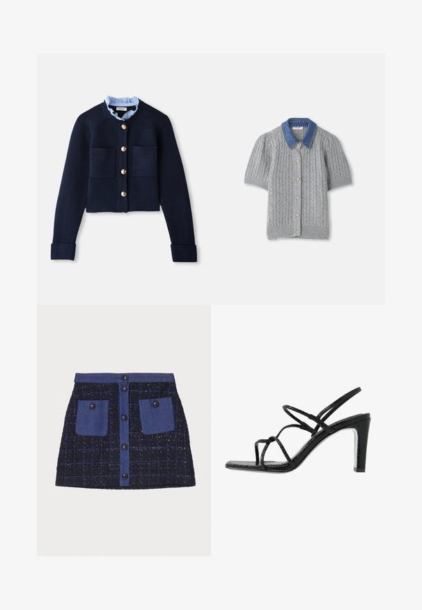 Jūrų mėlynos spalvos trumpas kardiganas su dviem priekinėmis kišenėmis, auksiniais mygtukais ir šviesiai mėlynu volaniniu apykakle. Pagamintas iš raukšlėtos tekstūros medžiagos.; Pilkas megztas trumpomis rankovėmis kardiganas su pynimo raštu, turintis džinsinį apykaklę ir penkis auksinius mygtukus priekyje.; Tvidinė mini sijonas su tinklelio raštu, tamsiai mėlynos spalvos, dviem priekinėm kišenėm ir mygtukų uždarymu priekyje. Tekstūruota medžiaga su džinsinėmis detalėmis.; Juodi aukšti sandalai su plonomis dirželėmis, tekstūruotu paviršiumi, atvira kojų pirštų dalimi ir elegantišku, smailiu kulnu. Yra lygus įdėklas ir blizgus paviršius.