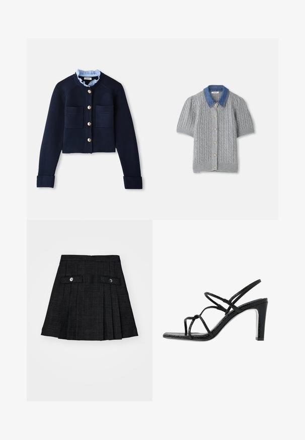 Marinefarbener, kurz geschnittener Cardigan mit zwei Fronttaschen, goldenen Knöpfen und einem hellblauen Rüschensaum. Aus geripptem Material gefertigt.; Graue gestrickte Kurzarm-Cardigan mit einem Zopfmuster, ausgestattet mit einem Denim-Kragen und fünf goldenen Knöpfen auf der Vorderseite.; Schwarzer gefalteter Rock mit subtilen Karomuster, zwei vorderen Klappentaschen, jeweils mit einem schwarzen Knopf gesichert, vor einem weißen Hintergrund präsentiert.; Schwarze Absatzsandalen mit dünnen Riemen, strukturiertem Finish, offener Zehenpartie und einem eleganten, spitzen Absatzdesign. Verfügt über eine glatte Innensohle und eine glänzende Oberfläche.