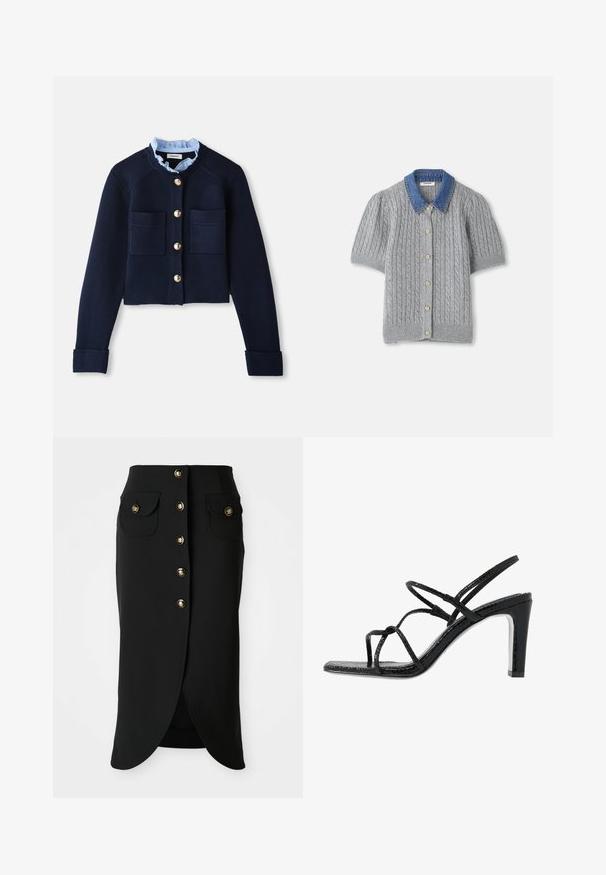 Cardigan court marine avec deux poches avant, boutons dorés et col froncé bleu clair. Fabriqué en matériau à texture côtelée.; Cardigan gris en tricot à manches courtes avec un motif en treillis, doté d'un col en denim et de cinq boutons dorés sur le devant.; Jupe noire longueur genou en tissu lisse, dotée d'une fermeture à boutons sur le devant, de deux poches sur les côtés et d'une fente haute à l'arrière. Accents de boutons dorés.; Sandales noires à talons avec des fines lanières, une finition texturée, bout ouvert et un design de talon pointu et élégant. Équipées d'une semelle intérieure lisse et d'une surface brillante.