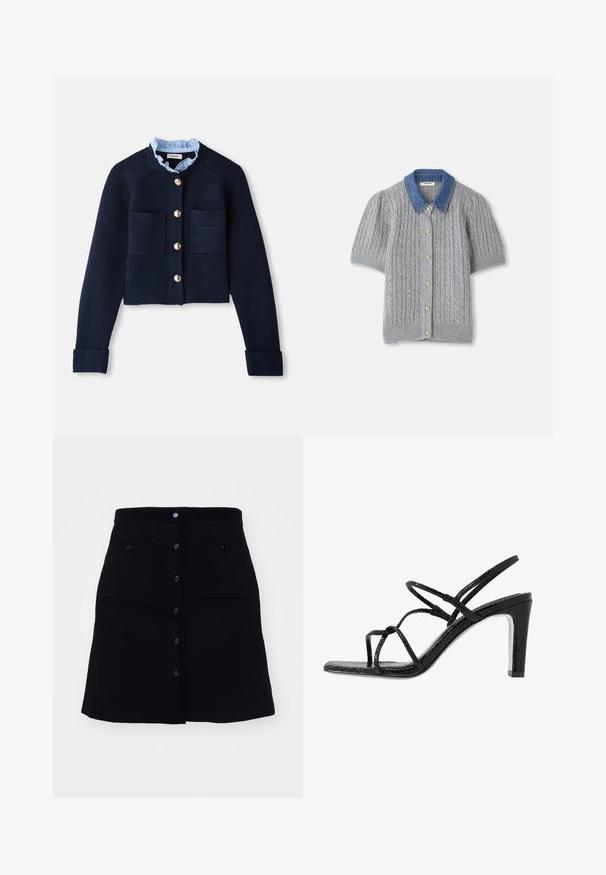 Tumesinine lühike kardigan kahe eesoleva tasku, kuldsete nuppude ja helesinise rüüdatud kraega. Valmistatud ribakudumist.; Hallide halli lühikeste varrukatega kardigan, millel on keerduv muster, denimist krae ja viis kuldset nööpi esiteljel.; sandro JUPE TRAPEZE POCHES - A-lõikeline seelik - noir; Mustad mustekad jalanõud õhukeste rihmadega, tekstuuritud pinnaga, avatud varba ja libiseva, terava kontsaga disain. Omab sileda sisesooli ja läikivat pinda.