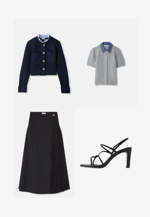 Marinblå kort cardigan med två framfickor, guldfärgade knappar och en ljusblå volangkrage. Tillverkad av ett ribbat material.; Grå stickad kortärmad cardigan med ett flätmönster, med en denimkrage och fem guldfärgade knappar fram.; Svart midiklänning med en veckad design på ena sidan, tillverkad av lätt tyg med en dold dragkedja och sidofickor.; Svarta klacksandaler med tunna remmar, en strukturerad yta, öppen tå och en elegant, spetsig klackdesign. Har en slät innersula och en glänsande yta.