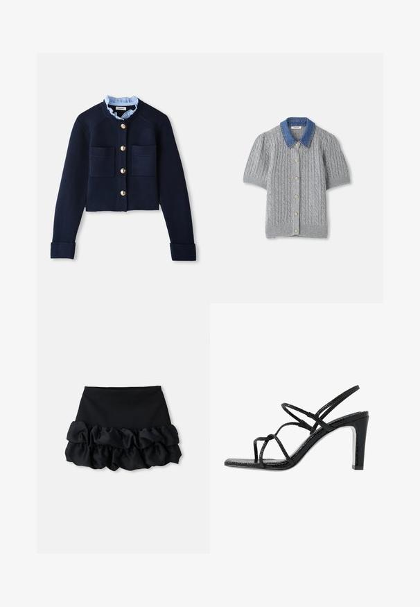 Tumesinine lühike kardigan kahe eesoleva tasku, kuldsete nuppude ja helesinise rüüdatud kraega. Valmistatud ribakudumist.; Hallide halli lühikeste varrukatega kardigan, millel on keerduv muster, denimist krae ja viis kuldset nööpi esiteljel.; Mustmust valge mini-seelik, millel on sobituv ülemine osa ja kolm kihti volangidega kangast allosas, sujuva tekstuuri ja puhaste joontega.; Mustad mustekad jalanõud õhukeste rihmadega, tekstuuritud pinnaga, avatud varba ja libiseva, terava kontsaga disain. Omab sileda sisesooli ja läikivat pinda.