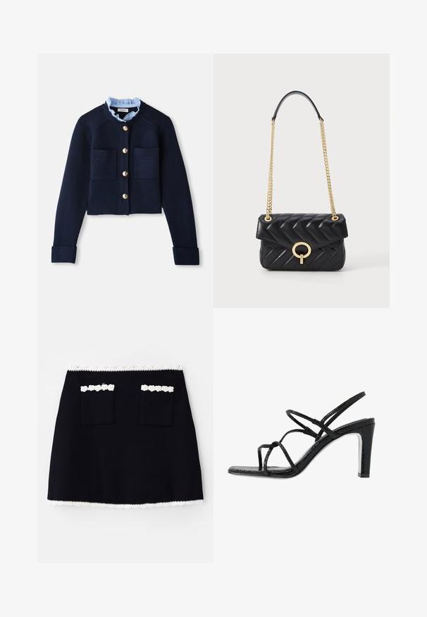 Cardigan scurt de culoare bleumarin, cu două buzunare frontale, nasturi aurii și o guler cu volane de culoare albastră deschisă. Fabricat dintr-un material cu textură ribbed.; Cardigan tricotat gri, cu mânecă scurtă și model în cabluri, având un guler din denim și cinci nasturi aurii în față.; Fustă neagră cu un tiv din dantelă albă, având două buzunare frontale împodobite cu accente din dantelă. Textură netedă, formă în A.; Sandale negre cu toc, cu barete subțiri, finisaj texturat, vârful deschis și un design elegant al tocului ascuțit. Au o talpă interioară netedă și o suprafață strălucitoare.; Geantă de mână din piele matlasată neagră, cu un brâu din lanț auriu, având un închizător rotund din hardware auriu și un sistem de închidere cu clapetă. Formă compactă rectangulară.