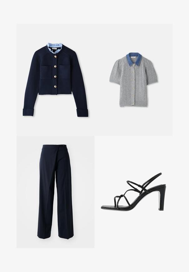 Marineblå, kort cardigan med to frontlommer, gullknapper og en lyseblå volangkrage. Laget av ribbestrikket materiale.; Grå strikket kortermet cardigan med kabelmønster, med en denimkrage og fem gullknapper foran.; Marineblå vide bukser med indpakningsdesign, glat stof, høj talje og enkelt knaplukning foran.; Svarte hæler med tynne stropper, teksturert finish, åpen tå og et glatt, spisst hældesign. Har en myk innersåle og en blank overflate.