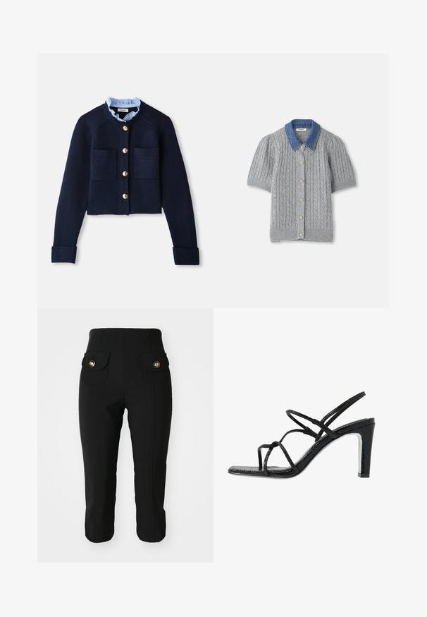 Marinefarbener, kurz geschnittener Cardigan mit zwei Fronttaschen, goldenen Knöpfen und einem hellblauen Rüschensaum. Aus geripptem Material gefertigt.; Graue gestrickte Kurzarm-Cardigan mit einem Zopfmuster, ausgestattet mit einem Denim-Kragen und fünf goldenen Knöpfen auf der Vorderseite.; Schwarze Slim-Fit-Hosen mit zwei vorderen Taschen mit goldenen Knöpfen, glatter Textur und cropped Länge. Klassisches Design für vielseitiges Tragen.; Schwarze Absatzsandalen mit dünnen Riemen, strukturiertem Finish, offener Zehenpartie und einem eleganten, spitzen Absatzdesign. Verfügt über eine glatte Innensohle und eine glänzende Oberfläche.