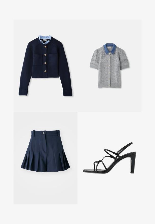 Cardigan court marine avec deux poches avant, boutons dorés et col froncé bleu clair. Fabriqué en matériau à texture côtelée.; Cardigan gris en tricot à manches courtes avec un motif en treillis, doté d'un col en denim et de cinq boutons dorés sur le devant.; Shorts plissés navy avec une taille, dotés d'un bouton à l'avant et d'un design ajusté. Fabriqués dans un tissu lisse, adaptés pour un style décontracté.; Sandales noires à talons avec des fines lanières, une finition texturée, bout ouvert et un design de talon pointu et élégant. Équipées d'une semelle intérieure lisse et d'une surface brillante.