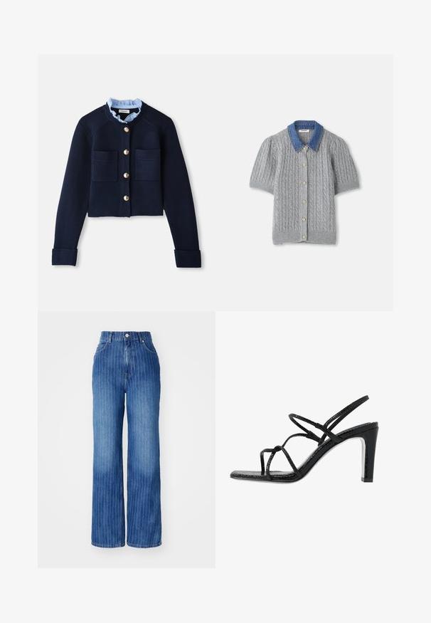 Mornarska skrajšana jopica z dvema sprednjima žepoma, zlatimi gumbi in svetlo modrim nabranim ovratnikom. Narejena je iz rebrastega materiala.; Sivkasto pleteno kratkotrajno jopič s kabelnim vzorcem, ki vsebuje nahrbtnik iz jeansa in pet zlatih gumbov spredaj.; Modre široke kavbojke iz denima z navpičnimi belimi črtami, visokim pasom in zasnovo s petimi žepi, ki vsebuje gumb in zadrgo.; Črne sandale s peto z tankimi trakovi, teksturirano površino, odprto prst in eleganten, koničast peto. Imajo gladko podplat in sijočo površino.