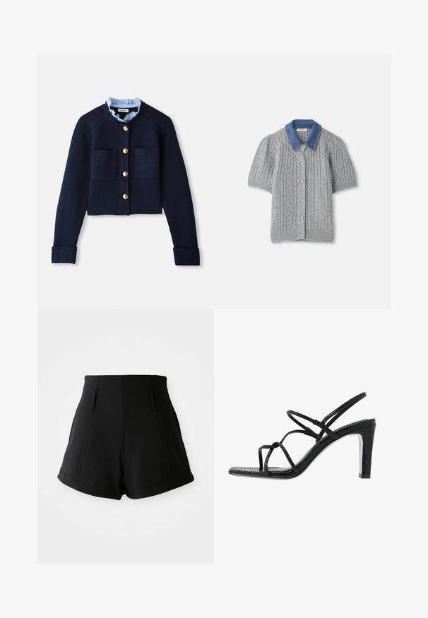 Marinefarbener, kurz geschnittener Cardigan mit zwei Fronttaschen, goldenen Knöpfen und einem hellblauen Rüschensaum. Aus geripptem Material gefertigt.; Graue gestrickte Kurzarm-Cardigan mit einem Zopfmuster, ausgestattet mit einem Denim-Kragen und fünf goldenen Knöpfen auf der Vorderseite.; Hochgeschnittene schwarze Shorts aus glattem Stoff, mit zwei Vorderentaschen, taillierter Passform und klaren, schlichten Linien.; Schwarze Absatzsandalen mit dünnen Riemen, strukturiertem Finish, offener Zehenpartie und einem eleganten, spitzen Absatzdesign. Verfügt über eine glatte Innensohle und eine glänzende Oberfläche.