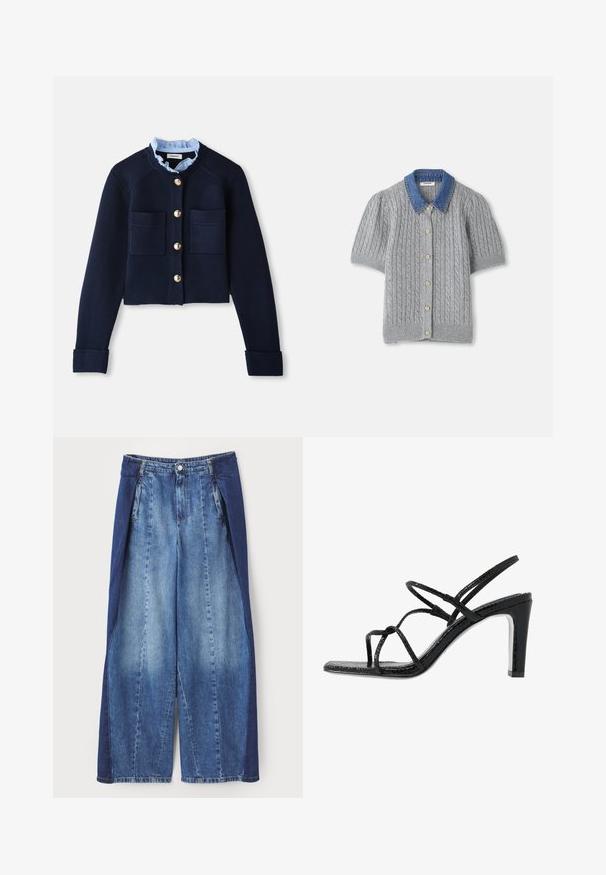 Marineblå cropped cardigan med to forlommer, guldfarvede knapper og en lyseblå flæsekrave. Fremstillet af ribbestrikket materiale.; Grå strikket kortærmet cardigan med et kabelmønster, som har en denimkrave og fem guldknapper foran.; Denim bukser med bred ben, der har et to-tonet design med lyse og mørke blå nuancer, frontfolder og en knaplukning i taljen.; Sorte hælede sandaler med tynde stropper, en tekstureret overflade, åben tå og et slankt, spidst hældesign. Har en glat indersål og en skinnende overflade.
