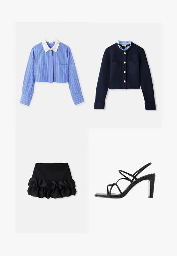 Marineblå, kort cardigan med to frontlommer, gullknapper og en lyseblå volangkrage. Laget av ribbestrikket materiale.; Kuttet, blå rutete skjorte med lange ermer, med en hvit brodert krage og to frontlommer. Glatt stoff tekstur.; Svart mini-skjørt med et tettsittende topp og tre lag med volanger nederst, med en jevn tekstur og rene linjer.; Svarte hæler med tynne stropper, teksturert finish, åpen tå og et glatt, spisst hældesign. Har en myk innersåle og en blank overflate.