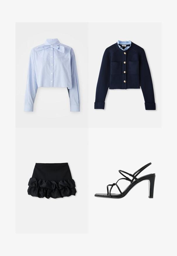 Námornícky skrátený kardigán s dvoma prednými vreckami, zlatými gombíkmi a svetlomodrým volánikovým golierom. Vyrobený z materiálu s rebrovanou textúrou.; Svetlo modrá a biela blúzka s malou kockou, skrátená, s dlhými rukávmi, gombíkovým predným zapínaním, vysokým golierom a veľkou mašľou.; Čierna mini sukňa s priliehavým topom a tromi vrstvami volánikovej textílie na spodnej časti, s hladkou štruktúrou a čistými líniami.; Čierne sandále na podpätku s tenkými pásikmi, štruktúrovaným povrchom, otvorenou špičkou a elegantným, špicatým dizajnom podpätku. Majú hladkú stélku a lesklý povrch.