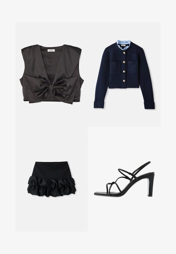 Cardigan court marine avec deux poches avant, boutons dorés et col froncé bleu clair. Fabriqué en matériau à texture côtelée.; sandro PASSY - Débardeur - noir; Mini-jupe noire avec un haut ajusté et trois couches de tissu froncé en bas, avec une texture lisse et des lignes épurées.; Sandales noires à talons avec des fines lanières, une finition texturée, bout ouvert et un design de talon pointu et élégant. Équipées d'une semelle intérieure lisse et d'une surface brillante.