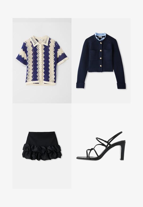 Marineblå cropped cardigan med to forlommer, guldfarvede knapper og en lyseblå flæsekrave. Fremstillet af ribbestrikket materiale.; Kortærmet strikket skjorte med krave, præget af et diamantmønster i creme og marineblå, med knaplukning foran og struktureret overflade.; Sort mini-skjorte med en tætsiddende top og tre lag af flæser nederst, med en glat tekstur og rene linjer.; Sorte hælede sandaler med tynde stropper, en tekstureret overflade, åben tå og et slankt, spidst hældesign. Har en glat indersål og en skinnende overflade.