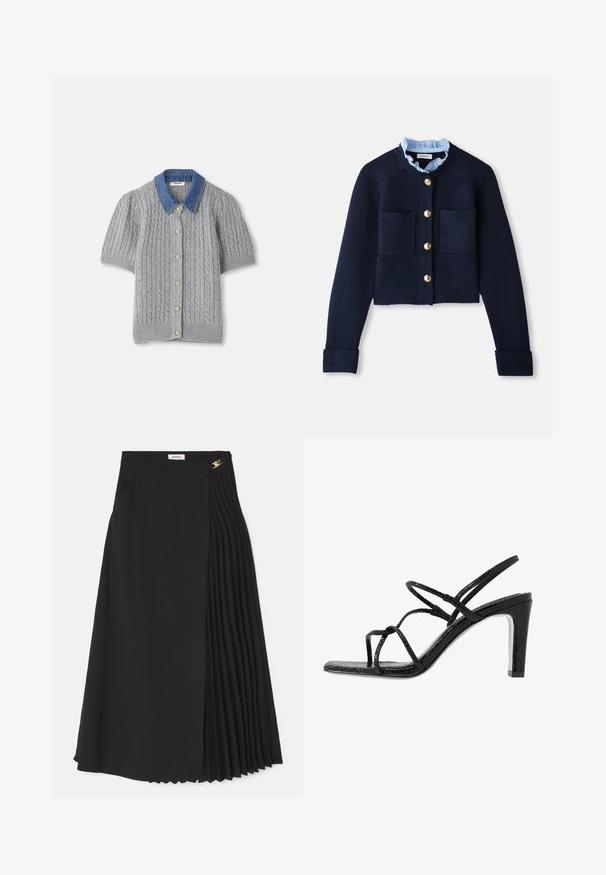 Marinblå kort cardigan med två framfickor, guldfärgade knappar och en ljusblå volangkrage. Tillverkad av ett ribbat material.; Grå stickad kortärmad cardigan med ett flätmönster, med en denimkrage och fem guldfärgade knappar fram.; Svart midiklänning med en veckad design på ena sidan, tillverkad av lätt tyg med en dold dragkedja och sidofickor.; Svarta klacksandaler med tunna remmar, en strukturerad yta, öppen tå och en elegant, spetsig klackdesign. Har en slät innersula och en glänsande yta.