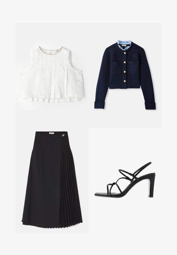 Marineblå cropped cardigan med to forlommer, guldfarvede knapper og en lyseblå flæsekrave. Fremstillet af ribbestrikket materiale.; Hvid ærmeløs bluse med plisseringer, der har en rund halsudskæring pyntet med en metallisk kant og en knaplukning bagpå.; Sort midikjole med plisseret design på den ene side, lavet af letvægtsstof med usynlig lynlås og sidelommer.; Sorte hælede sandaler med tynde stropper, en tekstureret overflade, åben tå og et slankt, spidst hældesign. Har en glat indersål og en skinnende overflade.