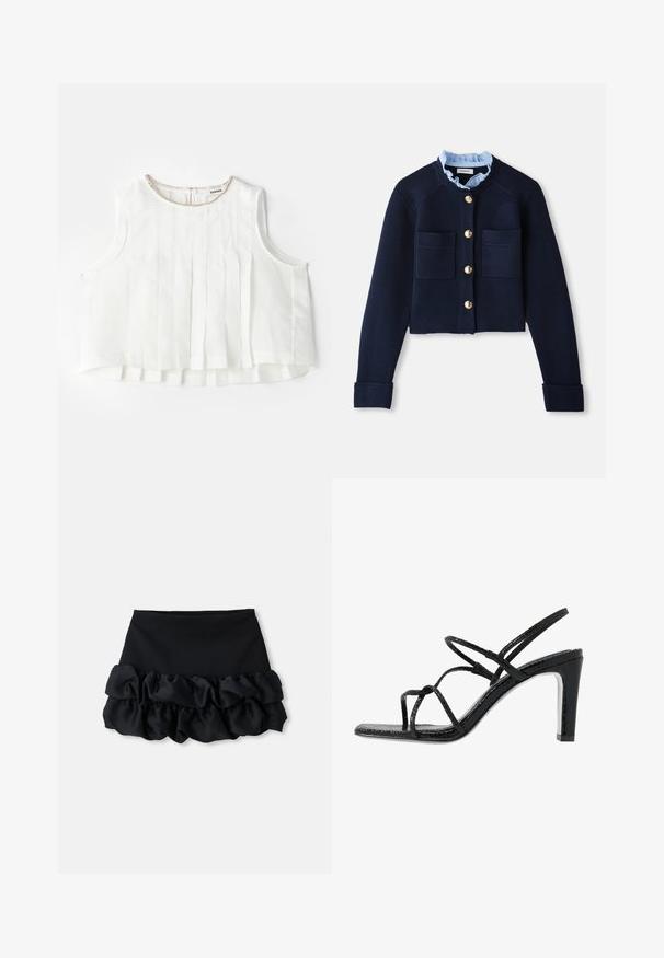 Námořnický zkrácený cardigan se dvěma předními kapsami, zlatými knoflíky a světlomodrou volánkovou obojicí. Vyrobeno z materiálu s žebrovanou strukturou.; Bílá bezrukávová blůza s plisováním, s kulatým výstřihem ozdobeným kovovým lemem a s knoflíkovým zapínáním na zadní straně.; Černá mini sukně s upnutým topem a třemi vrstvami volánkového materiálu na spodní části, s hladkou texturou a čistými liniemi.; Černé sandály na podpatku s tenkými pásky, strukturovaným povrchem, otevřenou špičkou a elegantním, špičatým designem podpatku. Obsahují hladkou stélku a lesklý povrch.