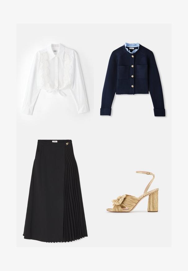 Marinefarbener, kurz geschnittener Cardigan mit zwei Fronttaschen, goldenen Knöpfen und einem hellblauen Rüschensaum. Aus geripptem Material gefertigt.; Weißes kurz geschnittenes Shirt mit spitzem Kragen, Knopfleiste vorne und strukturierter Spitzenverzierung in der Mitte; gebunden am Saum in der Taille.; Schwarze Midirock mit Plissee-Design auf einer Seite, aus leichtem Stoff gefertigt, mit unsichtbarem Reißverschluss und Seitentaschen.; Goldene Sandalen mit Absatz und geknoteter Vorderseite,„plissierter“ Textur und Knöchelriemen. Der Blockabsatz hat ein gerippte Design, das den Halt verbessert.