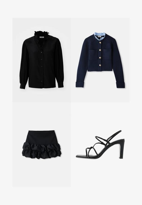 Cardigan court marine avec deux poches avant, boutons dorés et col froncé bleu clair. Fabriqué en matériau à texture côtelée.; Blouse noire avec un décolleté en V à volants, des manches bouffantes longues et un fermoir à boutons. Fabriquée en tissu lisse avec un léger éclat.; Mini-jupe noire avec un haut ajusté et trois couches de tissu froncé en bas, avec une texture lisse et des lignes épurées.; Sandales noires à talons avec des fines lanières, une finition texturée, bout ouvert et un design de talon pointu et élégant. Équipées d'une semelle intérieure lisse et d'une surface brillante.
