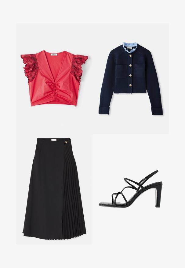 Granatowy krótki kardigan z dwiema przednimi kieszeniami, złotymi guzikami i jasnoniebieską falbanką. Wykonany z materiału o prążkowanej fakturze.; Czerwony krótki top z głębokim dekoltem w kształcie V, marszczonym środkiem oraz krótkimi falbaniastymi rękawami z czarnymi koronkowymi akcentami o floralnym wzorze. Gładka faktura materiału.; Czarna spódnica midi z fałdami po jednej stronie, wykonana z lekkiego materiału, z ukrytym zamkiem błyskawicznym i bocznymi kieszeniami.; Czarne sandały na obcasie z cienkimi paskami, teksturowanym wykończeniem, otwartym palcem oraz eleganckim, spiczastym kształtem obcasa. Posiadają gładką wkładkę oraz błyszczącą powierzchnię.