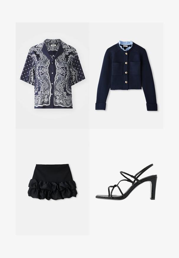 Jūrų mėlynos spalvos trumpas kardiganas su dviem priekinėmis kišenėmis, auksiniais mygtukais ir šviesiai mėlynu volaniniu apykakle. Pagamintas iš raukšlėtos tekstūros medžiagos.; sandro RECOUPE - Užsagstoma palaidinė - bleu/blanc; Juoda mini sijonas su prigludusia viršutine dalimi ir trimis raukšlėto audinio sluoksniais apačioje, su lygiu paviršiumi ir švariais kontūrais.; Juodi aukšti sandalai su plonomis dirželėmis, tekstūruotu paviršiumi, atvira kojų pirštų dalimi ir elegantišku, smailiu kulnu. Yra lygus įdėklas ir blizgus paviršius.