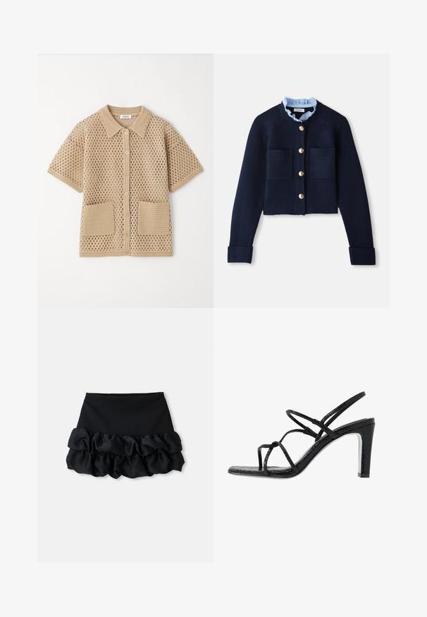 Cárdigan corto azul marino con dos bolsillos frontales, botones dorados y un cuello con volantes en azul claro. Fabricado en material de textura acanalada.; sandro Blusa - sable; Minifalda negra con un ajuste ceñido en la parte superior y tres capas de tela con volantes en la parte inferior, con una textura suave y líneas limpias.; Sandalias de tacón negro con cintas finas, un acabado texturizado, punta abierta y un diseño de tacón afilado y elegante. Presenta una plantilla suave y una superficie brillante.