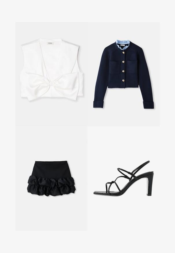 Marineblauwe korte cardigan met twee voorkruiszakken, gouden knopen en een lichtblauwe gerimpelde kraag. Gemaakt van ribbelstof.; Witte, cropped top met een diepe V-halslijn, voorzien van brede schouders en een grote strikdetail aan de voorkant. Soepele, satijnachtige textuur.; Zwarte mini-jurk met een aansluitende top en drie lagen ruches aan de onderkant, met een gladde textuur en strakke lijnen.; Zwarte hoge sandalen met dunne banden, een gestructureerde afwerking, open teen en een slank, puntig hakontwerp. Beschikt over een gladde inlegzool en een glanzend oppervlak.