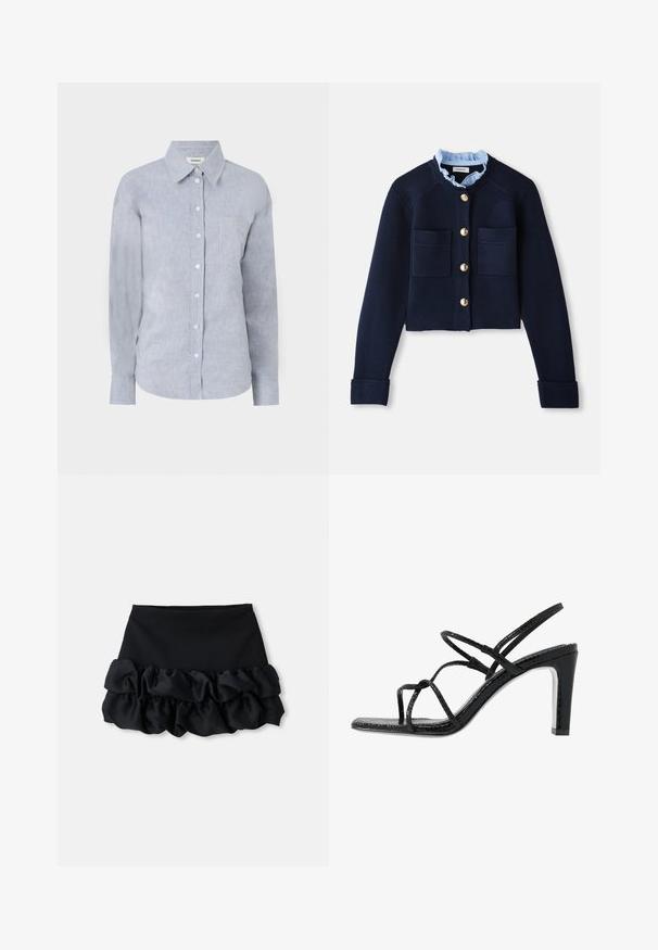 Granatowy krótki kardigan z dwiema przednimi kieszeniami, złotymi guzikami i jasnoniebieską falbanką. Wykonany z materiału o prążkowanej fakturze.; Jasnoniebieska koszula zapinana na guziki z teksturowanej tkaniny, z klasycznym kołnierzykiem, długimi rękawami i jedną kieszenią na piersi.; Czarna mini spódnica z dopasowanym topem i trzema warstwami falban u dołu, o gładkiej teksturze i prostych liniach.; Czarne sandały na obcasie z cienkimi paskami, teksturowanym wykończeniem, otwartym palcem oraz eleganckim, spiczastym kształtem obcasa. Posiadają gładką wkładkę oraz błyszczącą powierzchnię.