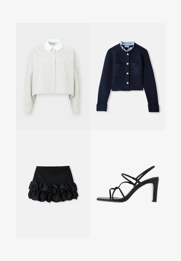 Mornarska skrajšana jopica z dvema sprednjima žepoma, zlatimi gumbi in svetlo modrim nabranim ovratnikom. Narejena je iz rebrastega materiala.; Kratka srajca z gumbom v svetlo zeleni in beli karo vzorcu. Ima bel ovratnik in dolge rokave z gumbi na manšetah. Mehka tkanina.; Črna mini krila z oprijetim zgornjim delom in tremi plastmi nagubanega blaga na dnu, z gladko teksturo in čistimi linijami.; Črne sandale s peto z tankimi trakovi, teksturirano površino, odprto prst in eleganten, koničast peto. Imajo gladko podplat in sijočo površino.