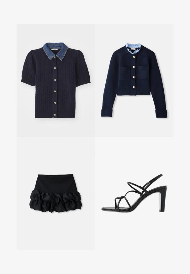 Granatowy krótki kardigan z dwiema przednimi kieszeniami, złotymi guzikami i jasnoniebieską falbanką. Wykonany z materiału o prążkowanej fakturze.; Granatowy sweter z dzianiny z krótkimi, bufiastymi rękawami, z deninowym kołnierzykiem i złotymi guzikami na przodzie. Całość o strukturze warkoczowej.; Czarna mini spódnica z dopasowanym topem i trzema warstwami falban u dołu, o gładkiej teksturze i prostych liniach.; Czarne sandały na obcasie z cienkimi paskami, teksturowanym wykończeniem, otwartym palcem oraz eleganckim, spiczastym kształtem obcasa. Posiadają gładką wkładkę oraz błyszczącą powierzchnię.
