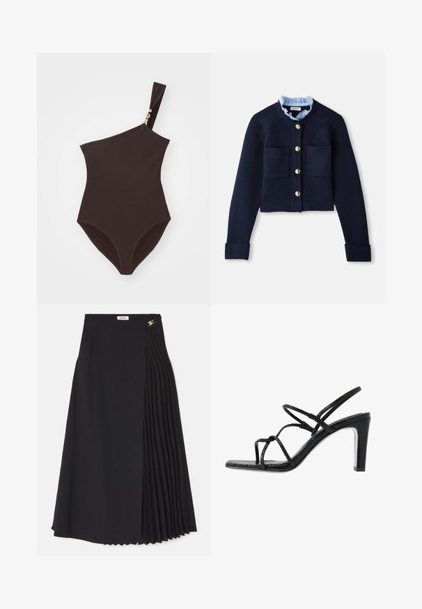 Cardigan scurt de culoare bleumarin, cu două buzunare frontale, nasturi aurii și o guler cu volane de culoare albastră deschisă. Fabricat dintr-un material cu textură ribbed.; Costum de baie maro cu un umăr, realizat dintr-un material texturat, având un accent auriu pe curea. Prezintă un croi cu picior înalt și un design ajustat.; Fustă midi neagră cu un design pliat pe o parte, confecționată dintr-un material ușor, având un fermoar ascuns și buzunare laterale.; Sandale negre cu toc, cu barete subțiri, finisaj texturat, vârful deschis și un design elegant al tocului ascuțit. Au o talpă interioară netedă și o suprafață strălucitoare.