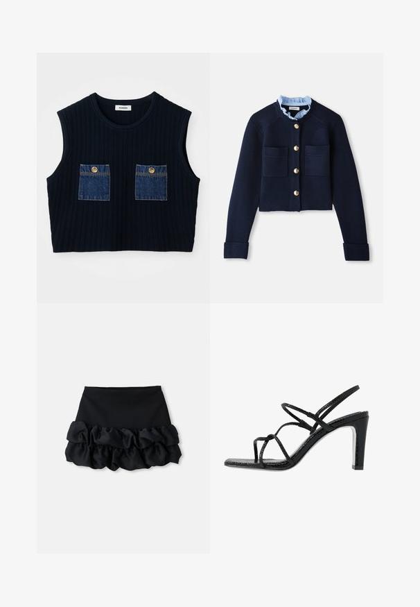 Jūrų mėlynos spalvos trumpas kardiganas su dviem priekinėmis kišenėmis, auksiniais mygtukais ir šviesiai mėlynu volaniniu apykakle. Pagamintas iš raukšlėtos tekstūros medžiagos.; Jūrinės dažytos be rankovių marškiniai su dviem džinsiniais kišenėmis, puoštais auksinėmis mygtukais. Apvalus iškirpimas ir trumpas dizainas.; Juoda mini sijonas su prigludusia viršutine dalimi ir trimis raukšlėto audinio sluoksniais apačioje, su lygiu paviršiumi ir švariais kontūrais.; Juodi aukšti sandalai su plonomis dirželėmis, tekstūruotu paviršiumi, atvira kojų pirštų dalimi ir elegantišku, smailiu kulnu. Yra lygus įdėklas ir blizgus paviršius.