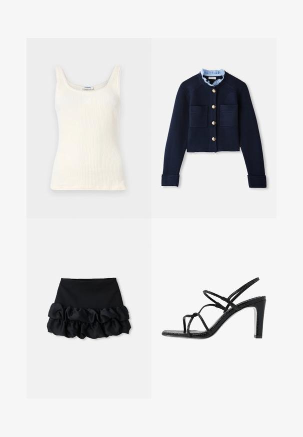 Cardigan court marine avec deux poches avant, boutons dorés et col froncé bleu clair. Fabriqué en matériau à texture côtelée.; Débardeur côtelé crème avec un décolleté en forme de U, des bretelles fines et un petit logo sur le devant. Texture douce, silhouette ajustée et ourlet droit.; Mini-jupe noire avec un haut ajusté et trois couches de tissu froncé en bas, avec une texture lisse et des lignes épurées.; Sandales noires à talons avec des fines lanières, une finition texturée, bout ouvert et un design de talon pointu et élégant. Équipées d'une semelle intérieure lisse et d'une surface brillante.