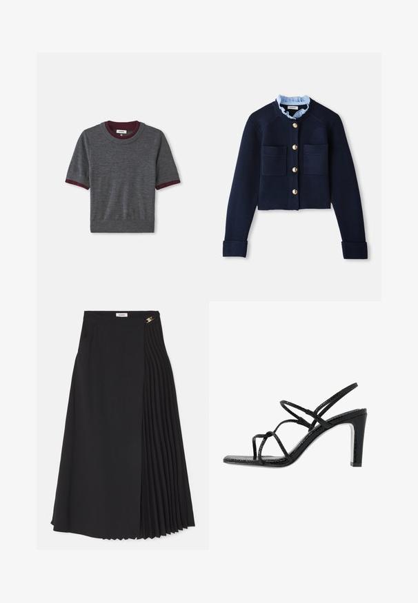 Jūrų mėlynos spalvos trumpas kardiganas su dviem priekinėmis kišenėmis, auksiniais mygtukais ir šviesiai mėlynu volaniniu apykakle. Pagamintas iš raukšlėtos tekstūros medžiagos.; Pilkas trumpas rankovės megztinis su bordo spalvos raukšlėta apykakle ir rankovių galiukais; pagamintas iš minkštos medžiagos, turinčios prigludusią dizaino formą ir lengvą tekstūrą.; Juodas midijonas su raukiniais vienoje pusėje, pagamintas iš lengvos medžiagos, su paslėptu užtrauktuku ir šoninėmis kišenėmis.; Juodi aukšti sandalai su plonomis dirželėmis, tekstūruotu paviršiumi, atvira kojų pirštų dalimi ir elegantišku, smailiu kulnu. Yra lygus įdėklas ir blizgus paviršius.
