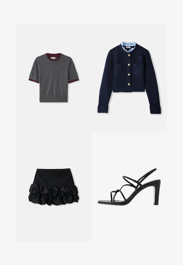 Sötétkék cropped kardigán, két elülső zsebbel, arany gombokkal és világoskék, fodros gallérral. Bordás textúrájú anyagból készült.; Szürke, rövid ujjú pulóver, bordó bordás gallérral és ujjvégekkel; puha anyagból készült, testhez álló fazonban, enyhe textúrával.; Fekete mini szoknya, amely illeszkedő topból készült, és alján három réteg fodros anyag található, sima textúrával és tiszta vonalakkal.; Fekete magassarkú szandál vékony pántokkal, texturált felsőrésszel, nyitott orral és karcsú, hegyes sarkú kialakítással. Simább talpbélével és fényes felületével rendelkezik.