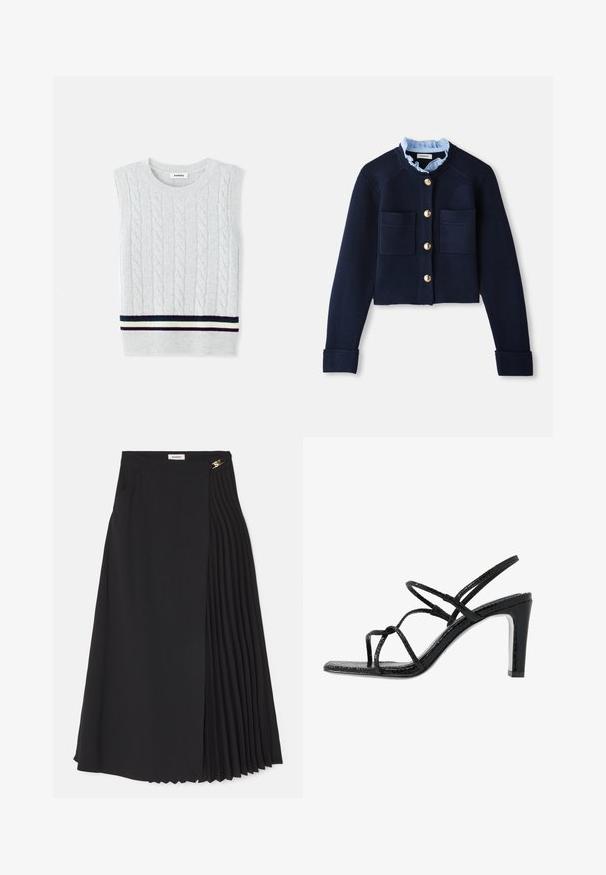 Marineblauwe korte cardigan met twee voorkruiszakken, gouden knopen en een lichtblauwe gerimpelde kraag. Gemaakt van ribbelstof.; Lichtgrijze mouwloze trui met een kabelpatroon en een gestreepte geribde zoom in marineblauw, groen en crèmewit. Zachte textuur.; Zwarte midi-rok met een geplooid ontwerp aan één kant, gemaakt van lichtgewicht stof met een verborgen ritssluiting en zijzakken.; Zwarte hoge sandalen met dunne banden, een gestructureerde afwerking, open teen en een slank, puntig hakontwerp. Beschikt over een gladde inlegzool en een glanzend oppervlak.